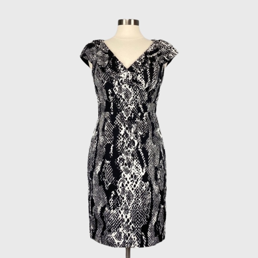 Kay Unger Womens Silk Snake Print Sheath Dress Black White V Neck size 6